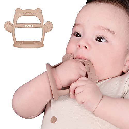 PETINUBE | Anti-Dropping Silicone Baby Wrist Teether Soothing Pacifier for Infants 3+ Months Babies | Pack of 1 | Bear-Cozy Beige