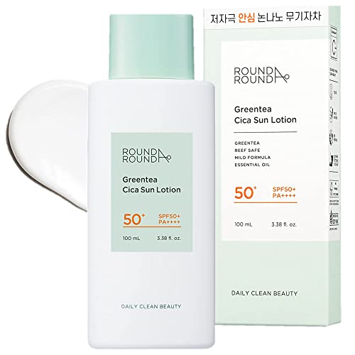 ROUND AROUND Green Tea Cica Sun Lotion SPF 50, UVA/UVB Protection Broad Spectrum Moisturizing Sunscreen, Essence type Soothing and Cooling Sensitive Skin, 3.38 oz, 100ml