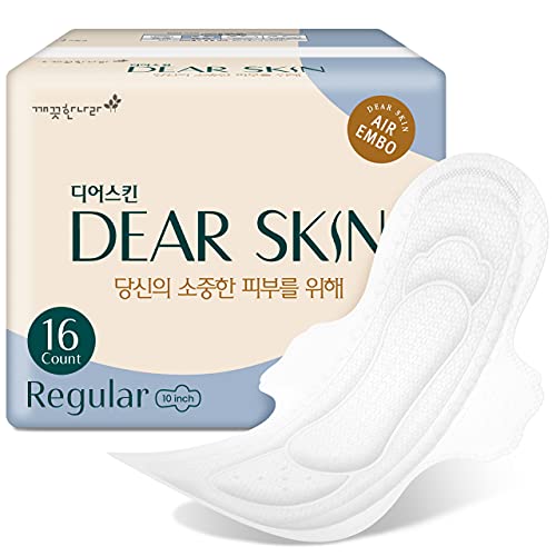 DEAR SKIN | Air Embo Derma Sanitary Pads | Chlorine Free Pads for Women, Hypoallergenic, Heavy Absorbency, Breathable Layers, Leak-Free Guard, Pads with Wings | Regular Size , 16 Count