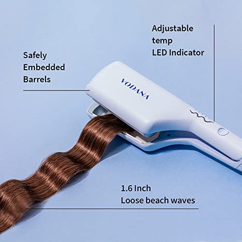 VODANA | Professional Triple Flow Ceramic Hair Waver | Easy Beach Wave | Embedded, Light Double Barrel Wave | Iron for Wide Deep Waves | 1.6 inch, Creamy Blue