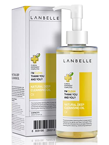 Lanbelle | Deep Cleansing Oil Korean Oil Cleanser / Face Wash | All Naturally-Derived GrapeSeed Oil Lemon | Vegan | For Dry Sensitive Acne-Prone Skin Age Defying | Makeup Remover | 6.76 Oz