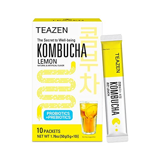 Teazen | Kombucha Tea| Zero Sugar, Sparkling Fermented Powdered Mix Beverage | Live Probiotics & Prebiotics | 10 Sticks, 1.76oz, Lemon Flavor