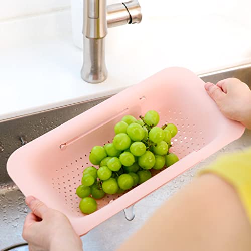 BLUE GINKGO | Over the Sink Colander Strainer Basket | Wash Vegetables and Fruits, Drain Cooked Pasta and Dry Dishes - Extendable | Pink | 7.9 W x 14.5-19.5 L x 2.75 H