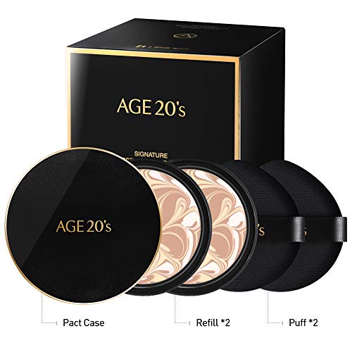 AGE 20's | Signature Intense Foundation Makeup Full Coverage, Korean Cushion Foundation SPF 50+, 71% Essence Natural Dewy Finish, Refill Included | 23 Medium Beige | 0.49 oz x2