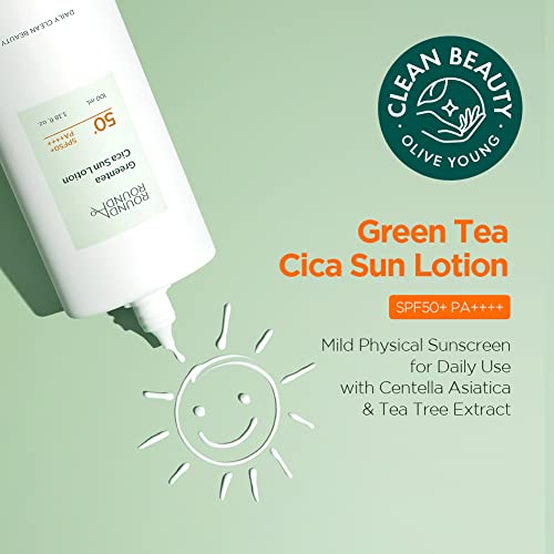 ROUND AROUND Green Tea Cica Sun Lotion SPF 50, UVA/UVB Protection Broad Spectrum Moisturizing Sunscreen, Essence type Soothing and Cooling Sensitive Skin, 3.38 oz, 100ml