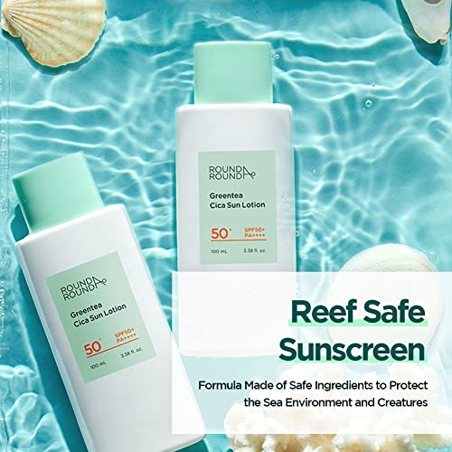 ROUND AROUND Green Tea Cica Sun Lotion SPF 50, UVA/UVB Protection Broad Spectrum Moisturizing Sunscreen, Essence type Soothing and Cooling Sensitive Skin, 3.38 oz, 100ml