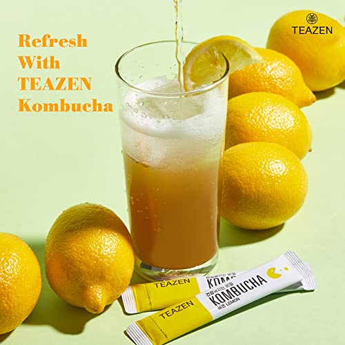 Teazen | Kombucha Tea| Zero Sugar, Sparkling Fermented Powdered Mix Beverage | Live Probiotics & Prebiotics | 10 Sticks, 1.76oz, Lemon Flavor