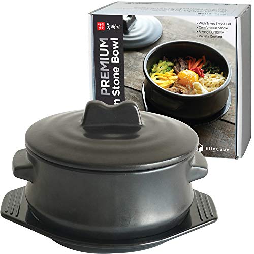 ElinCube | Premium Korean Stone Bowl with Lid & Platter | Clay Pot/ Dolsot for Cooking Hot Pot, Bibimbap and Soup Cookware